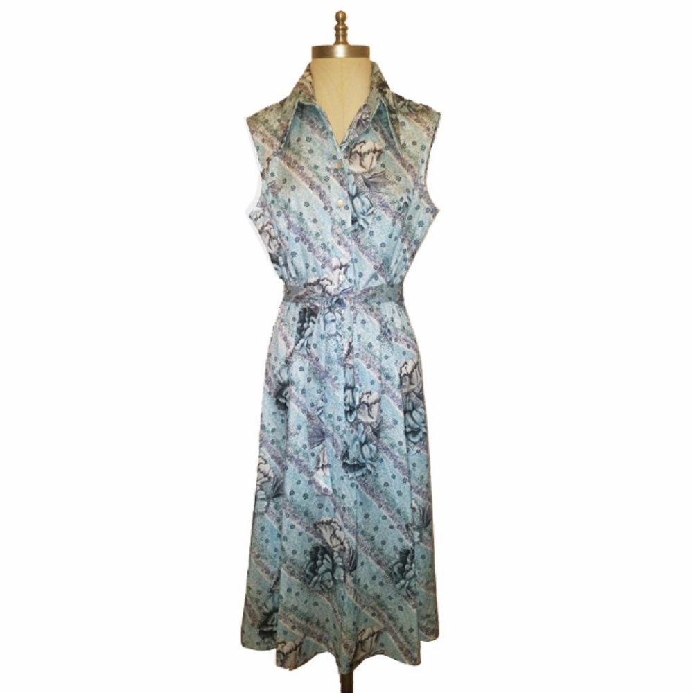 Vtg 70s Never Worn Floral Print Button Up Dress 18